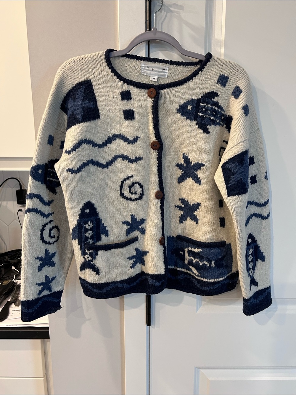 Vintage Wool Cream Navy Novelty Fish Oversize Button-Up Cardigan Sweater Coastal
